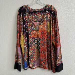 Johnny Was Tee Top Women XL Boho Moa Favorite Bamboo Patchwork Floral Paisley